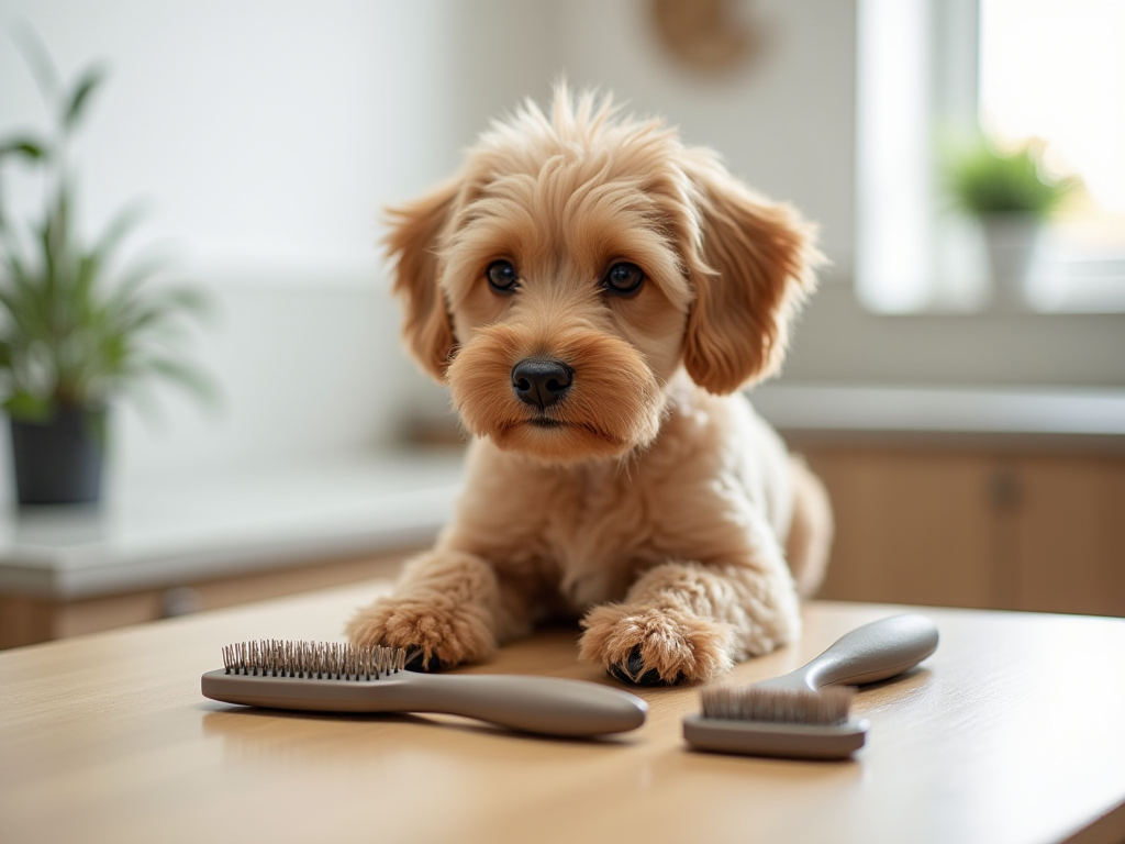 Dog grooming brushes laid out beside a calm freshly brushed dog