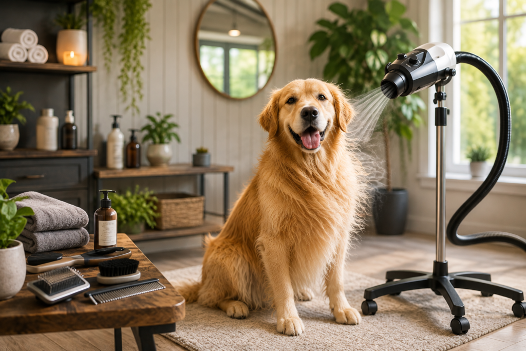 Golden retriever being dried with a hands-free dog grooming dryer