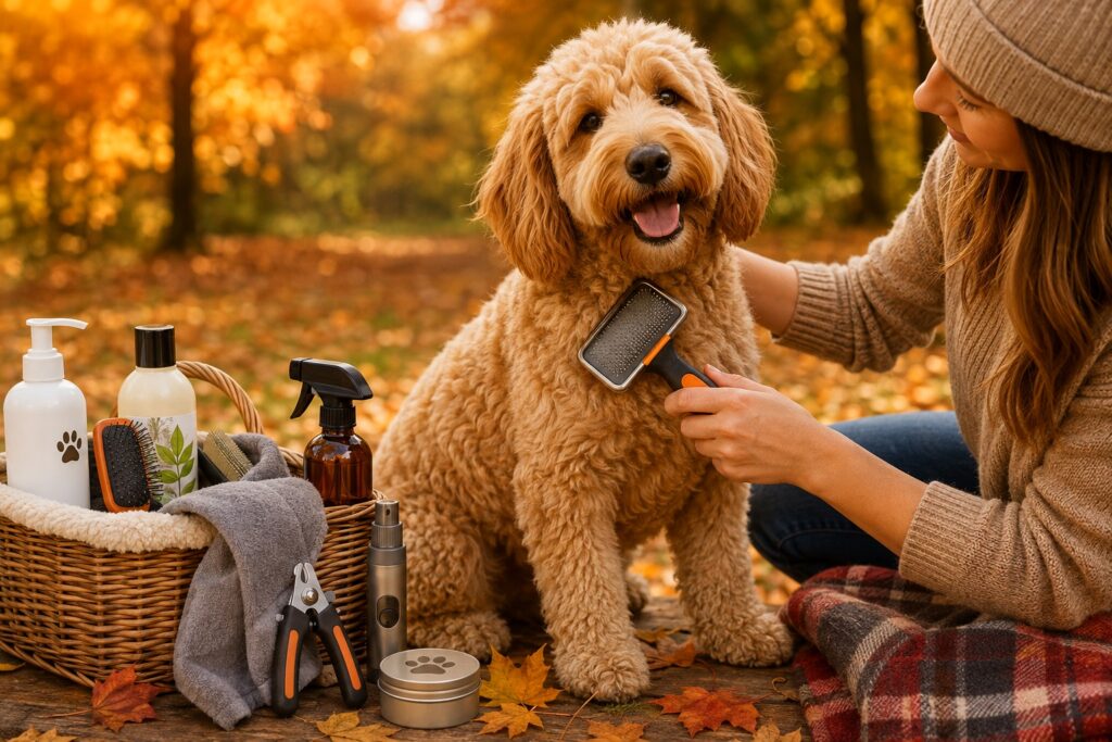Woman grooming a fluffy dog with grooming supplies in autumn