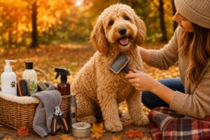 Woman grooming a fluffy dog with grooming supplies in autumn