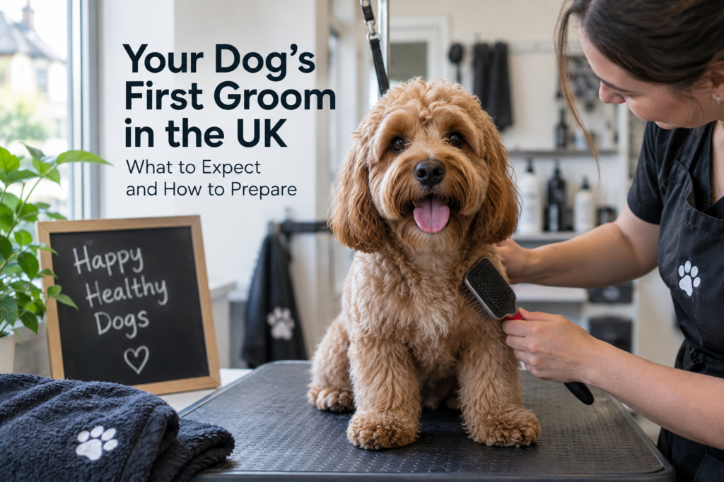 Happy dog being brushed during its first professional grooming appointment